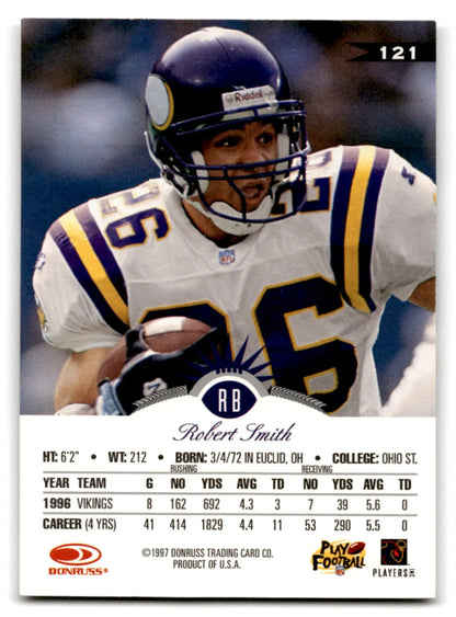 Vintage Leaf Football Robert Smith card from 1997 featuring Minnesota Vikings memorabilia