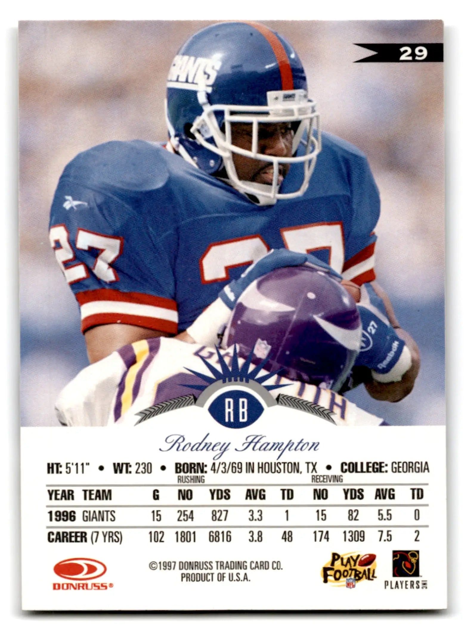 1997 Leaf Football Rodney Hampton trading card of Rodney Hampton New York Giants