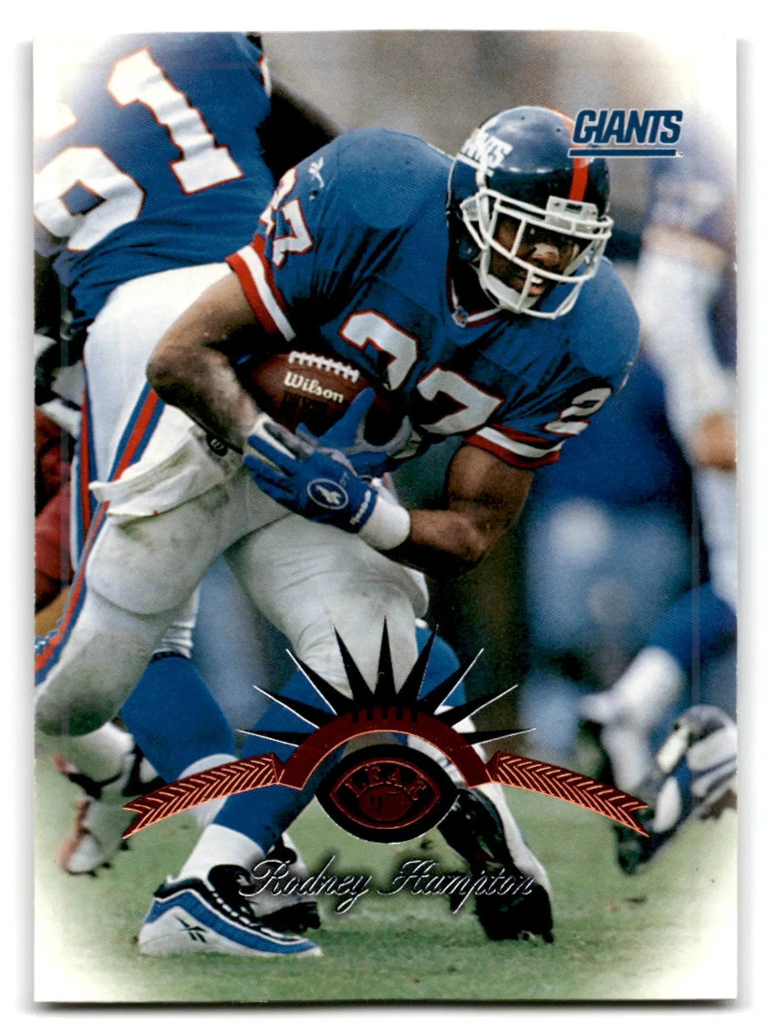 Vintage Leaf Football Rodney Hampton trading card featuring Rodney Hampton in Giants uniform