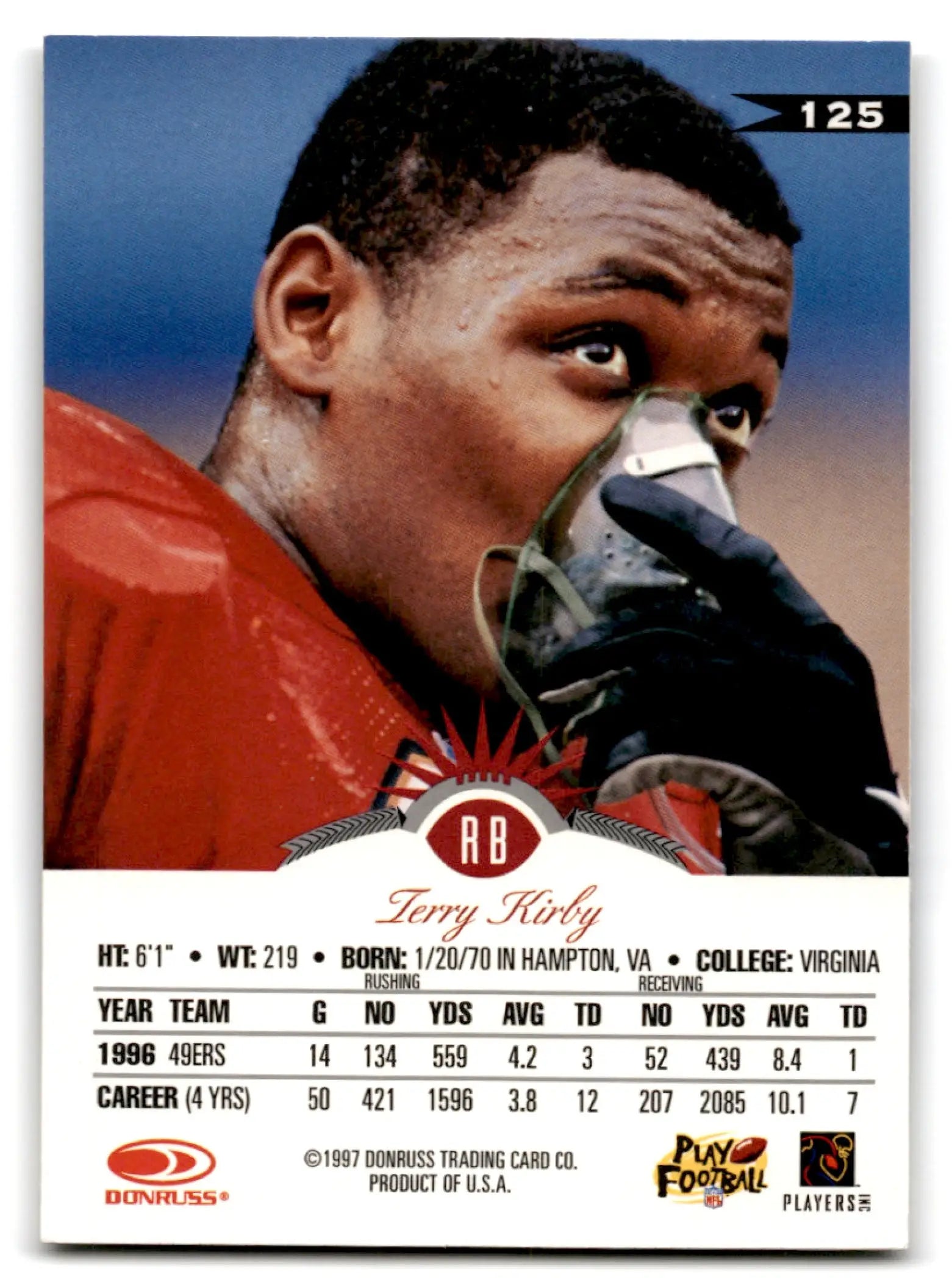 Football trading card featuring Terry Kirby of the San Francisco 49ers from 1997 Leaf Football