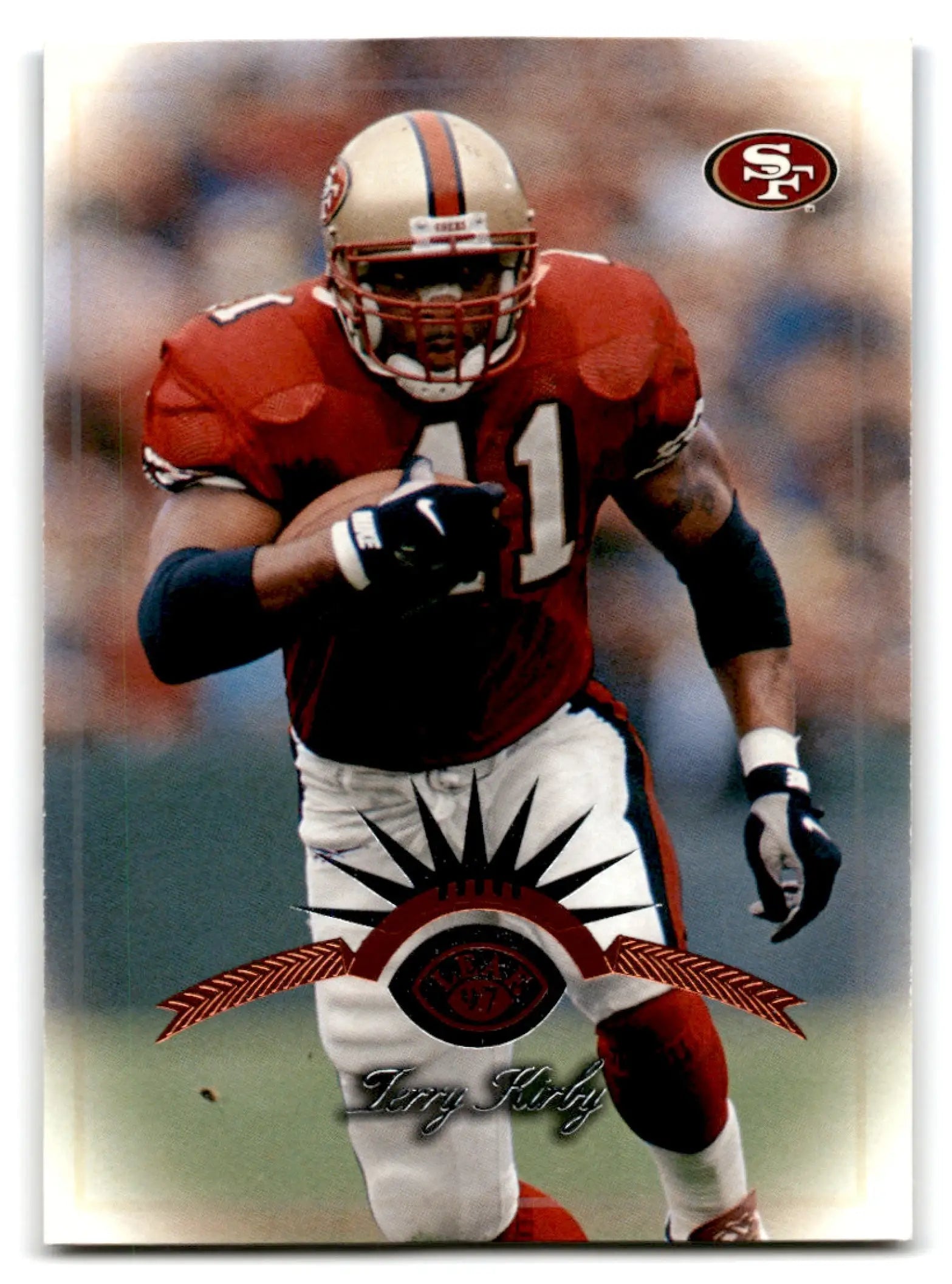 Leaf football Terry Kirby San Francisco 49ers trading card featuring player running with ball
