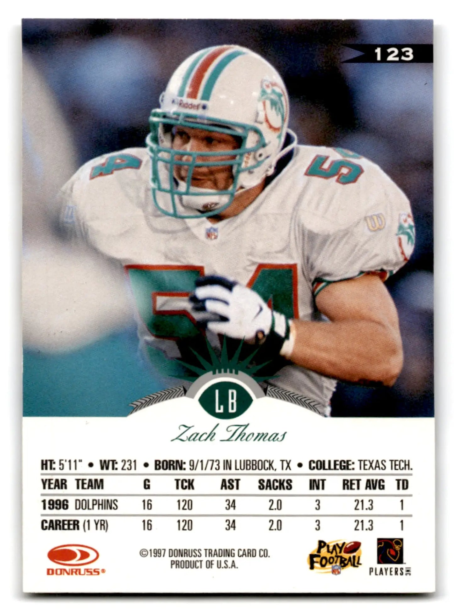 1997 Leaf Football Zach Thomas trading card of Miami Dolphins player football zach thomas