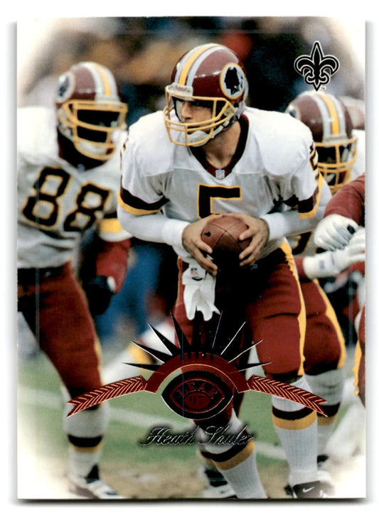 Vintage Leaf Heath Shuler football trading card featuring New Orleans Saints logo and player in white and burgundy uniform