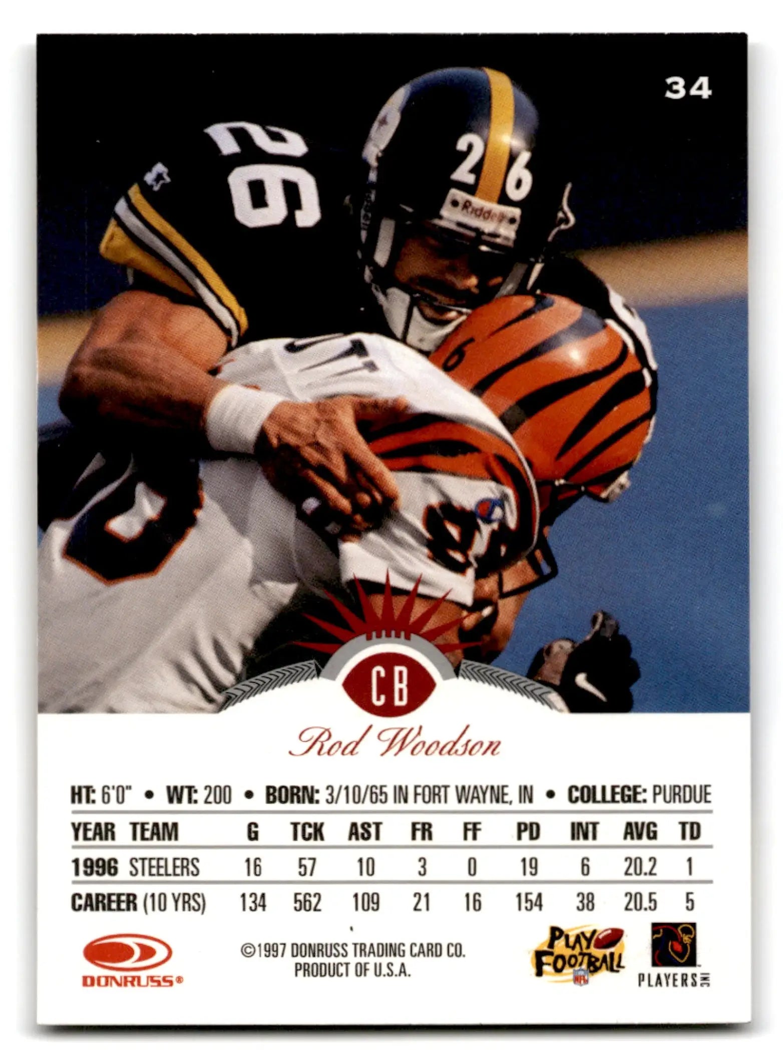 1997 Leaf Rod Woodson football trading card featuring Rod Woodson from Pittsburgh Steelers