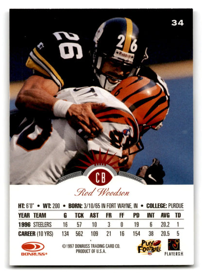 1997 Leaf Rod Woodson football trading card featuring Rod Woodson from Pittsburgh Steelers