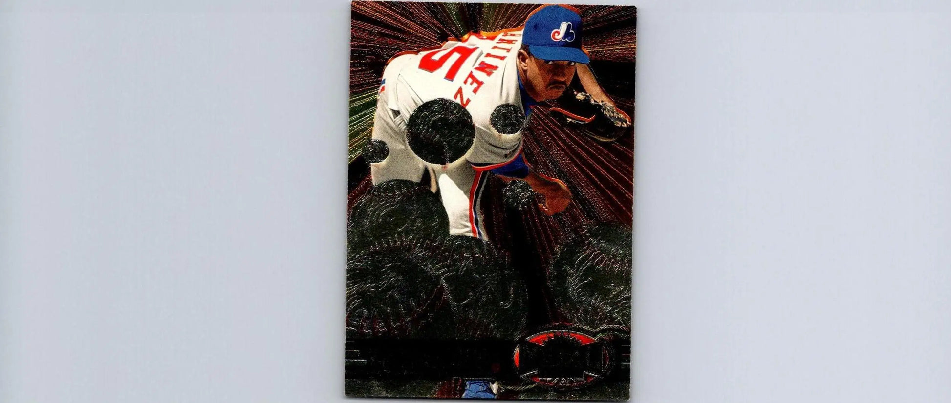 Baseball card featuring abstract design, 1997 Metal Universe #158 Pedro Martinez trading card