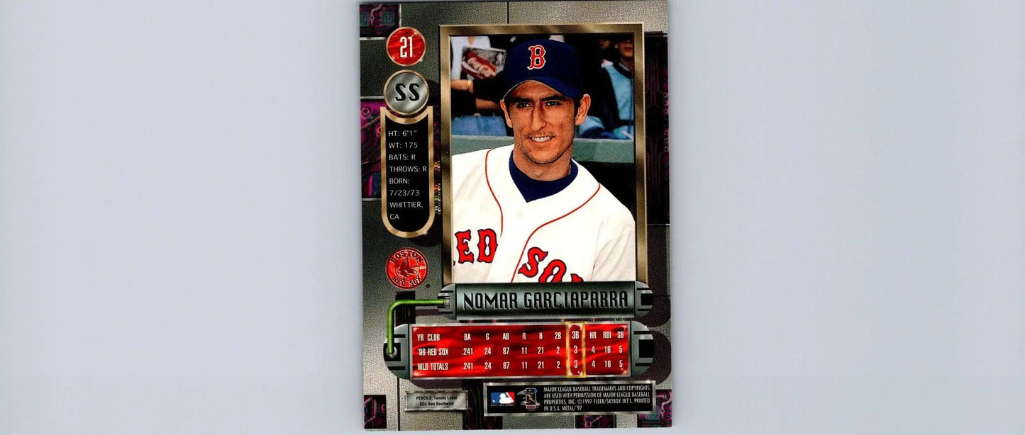 1997 Metal Universe #21 Nomar Garciaparra trading card showcasing a baseball legend