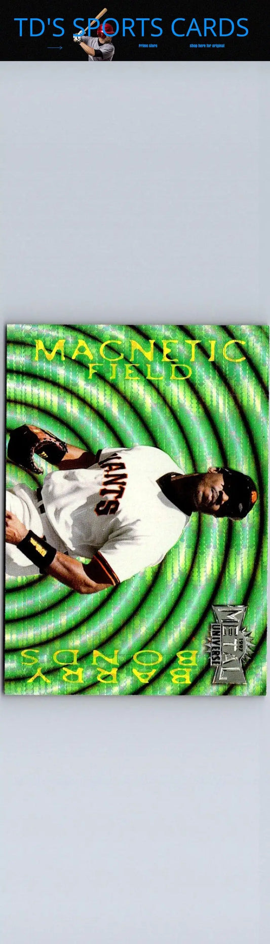 Barry Bonds baseball card from 1997 Metal Universe showing Barry Bonds Magnetic Field