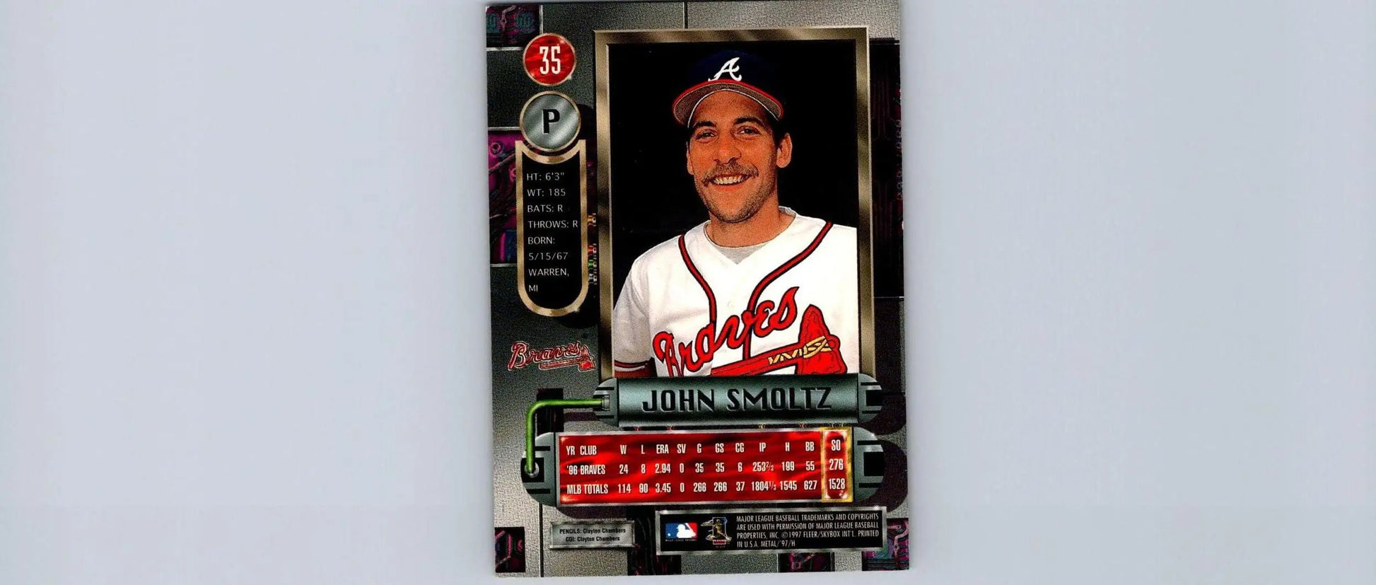 John Smoltz 1997 Metal Universe #35 trading card showcased for collectors