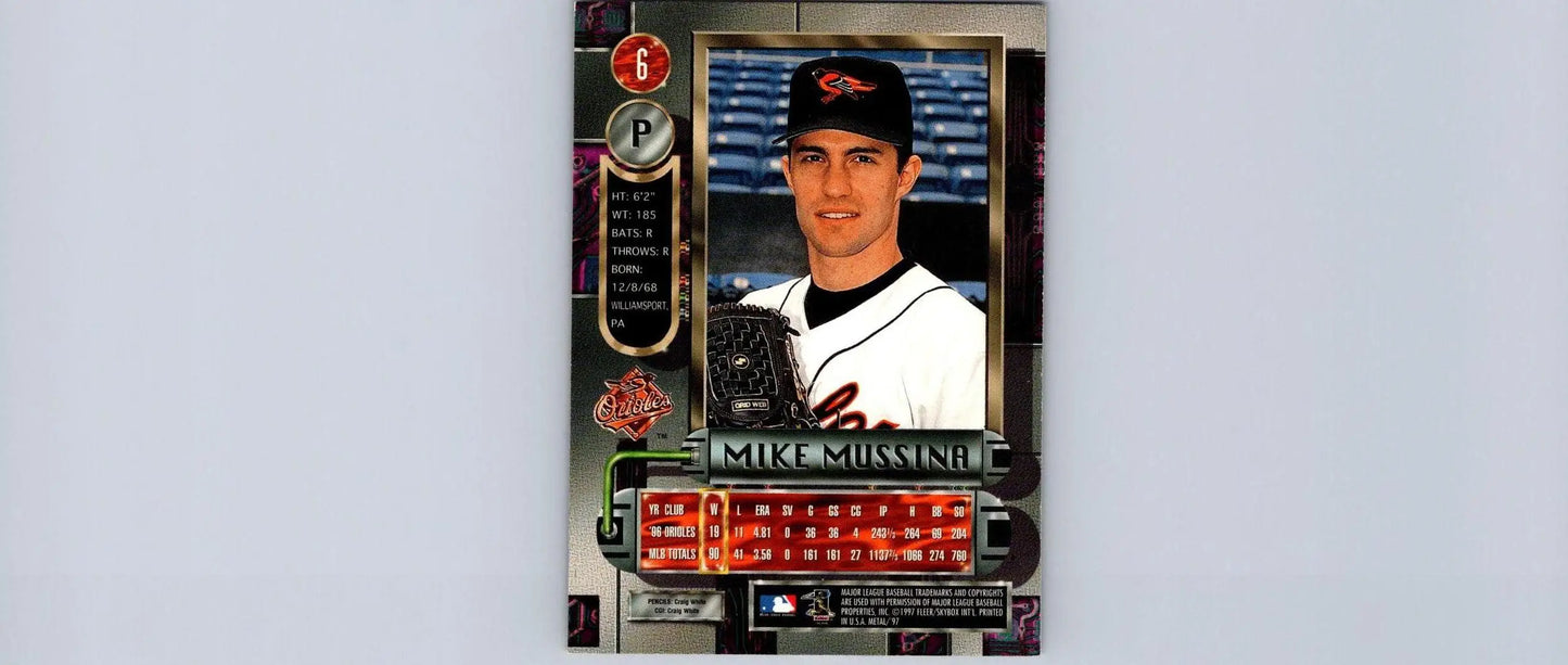 Mike Mussina 1997 Metal Universe trading card showcasing a baseball legend