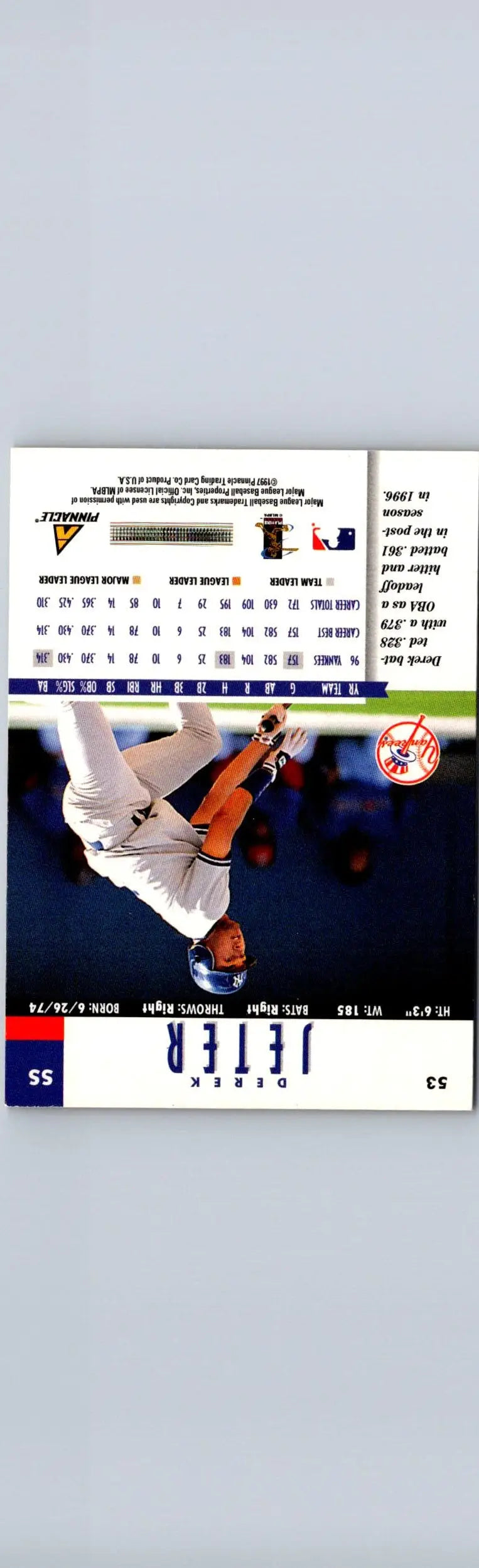 Derek Jeter 1997 New Pinnacle #53 baseball card with career stats and batting photo
