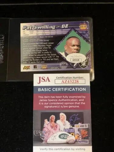Signed Pacific Pat Swilling football card with JSA certification for collectors