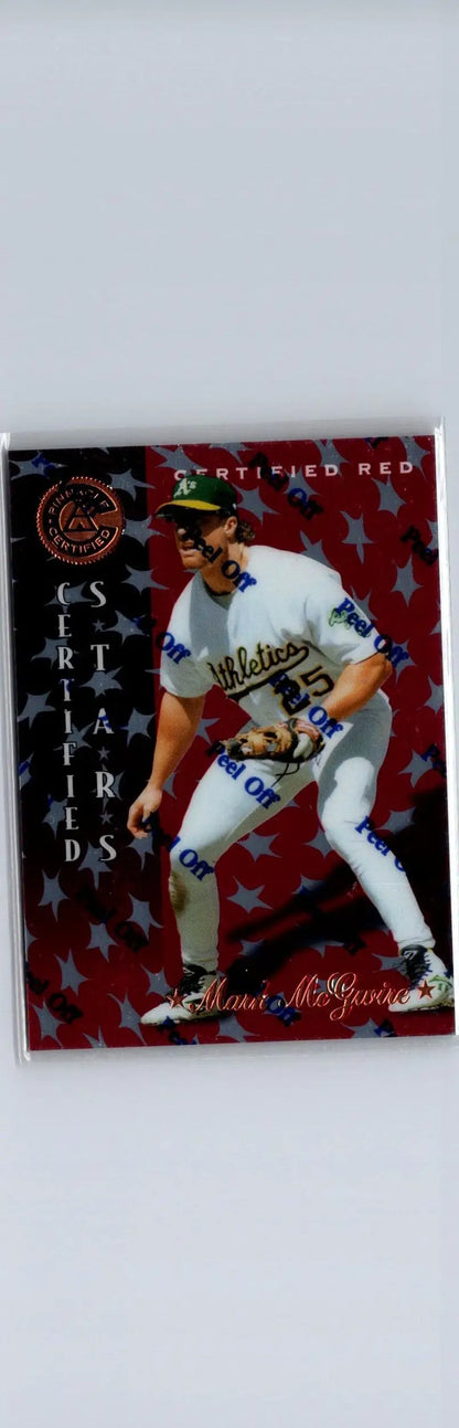 Baseball trading card featuring Mark McGwire in Oakland Athletics uniform, 1997 Pinnacle Certified Red