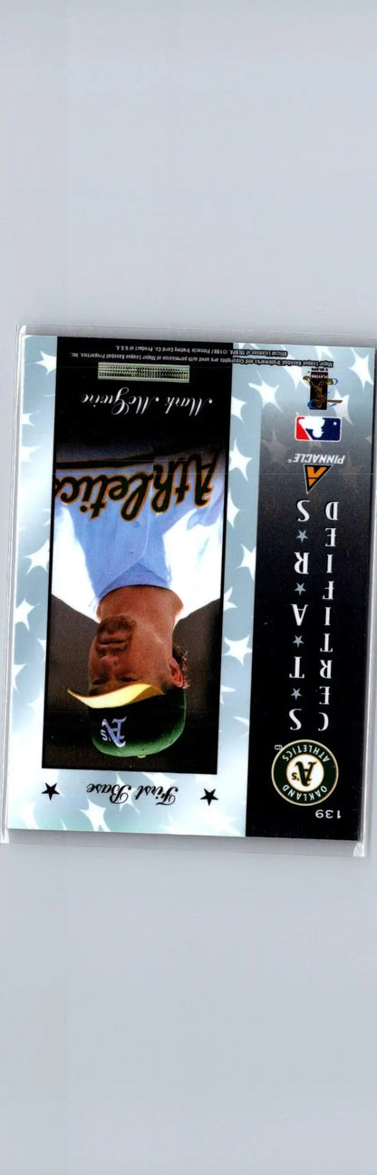 Baseball card featuring Mark McGwire in Oakland Athletics uniform from 1997 Pinnacle Certified Red