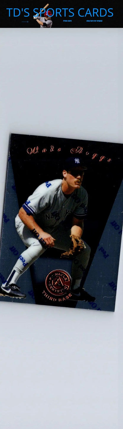 Collectible Wade Boggs baseball card from Pinnacle Certified series featuring player in crouching pose