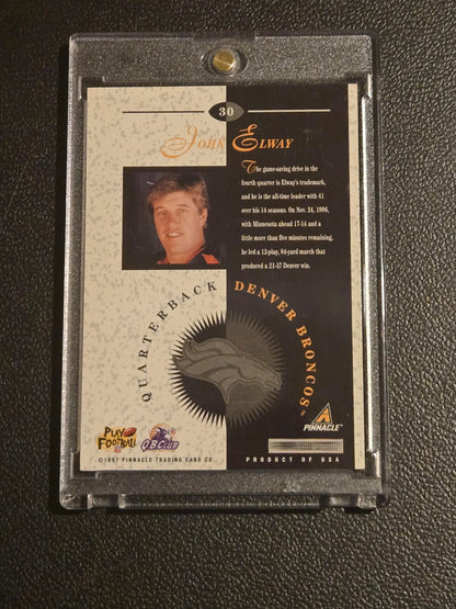 John Elway 1997 Pinnacle Mint trading card in protective case for collectors