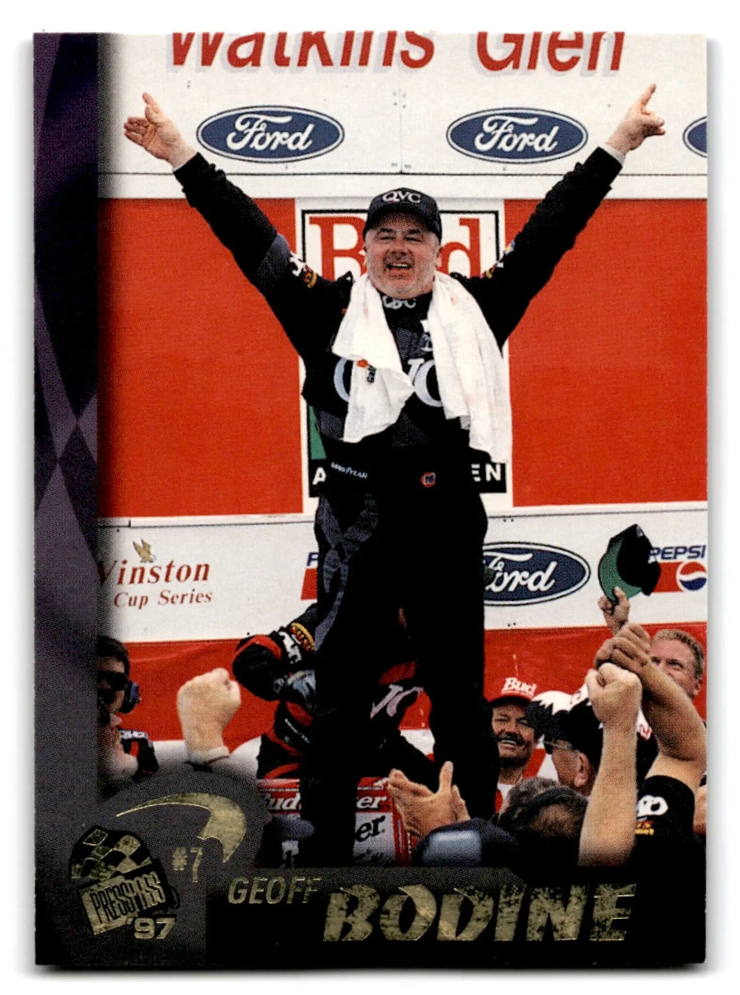 Press Pass Racing Geoff Bodine racing card featuring driver celebrating on podium