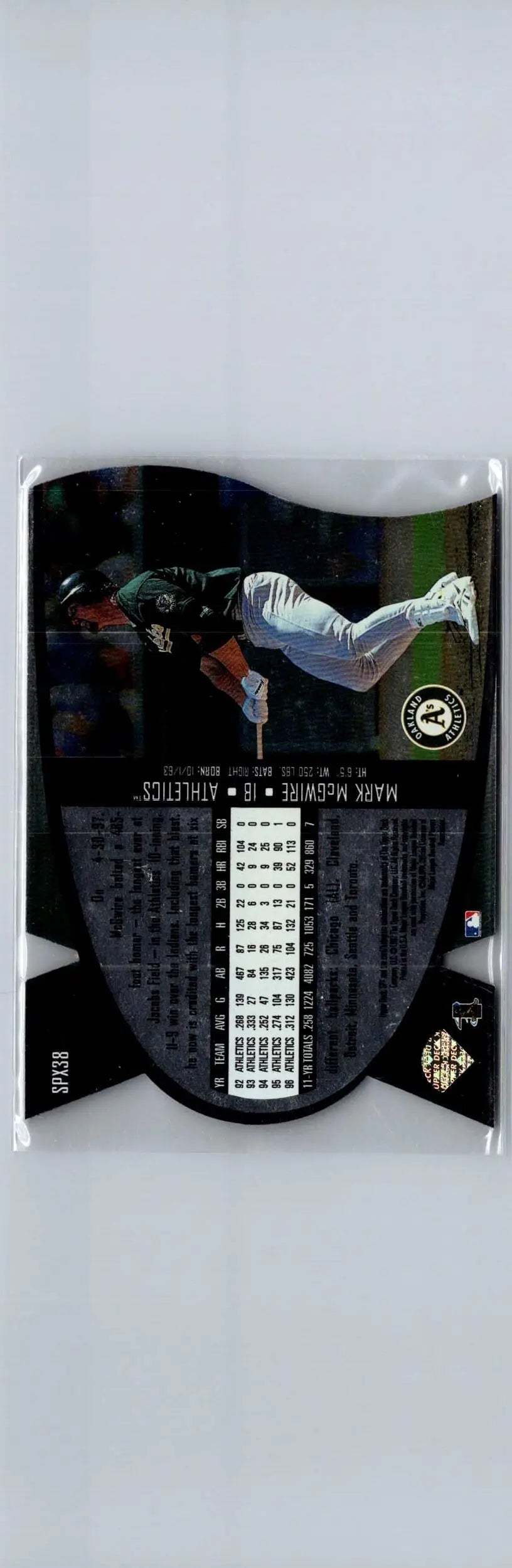 Baseball card featuring Mark McGwire from 1997 SPx #SPX38 Mark McGwire Bronze