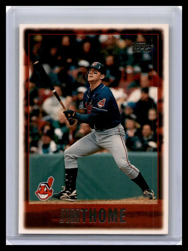 Jim Thome at bat in gray uniform on 1997 Topps Cleveland Indians baseball card