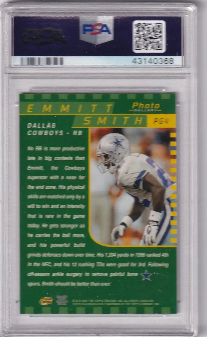 A graded 1997 Topps Gallery PSA 9 Emmitt Smith Dallas Cowboys football card featuring PG4 Emmitt Smith