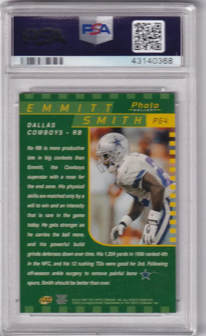 A graded 1997 Topps Gallery PSA 9 Emmitt Smith Dallas Cowboys football card featuring PG4 Emmitt Smith