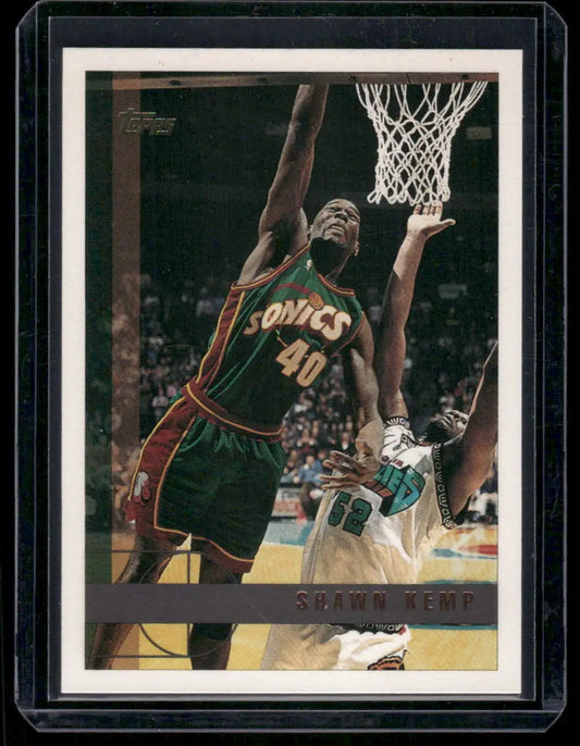 Vertical basketball trading card of Shawn Kemp in Seattle SuperSonics jersey in plastic holder
