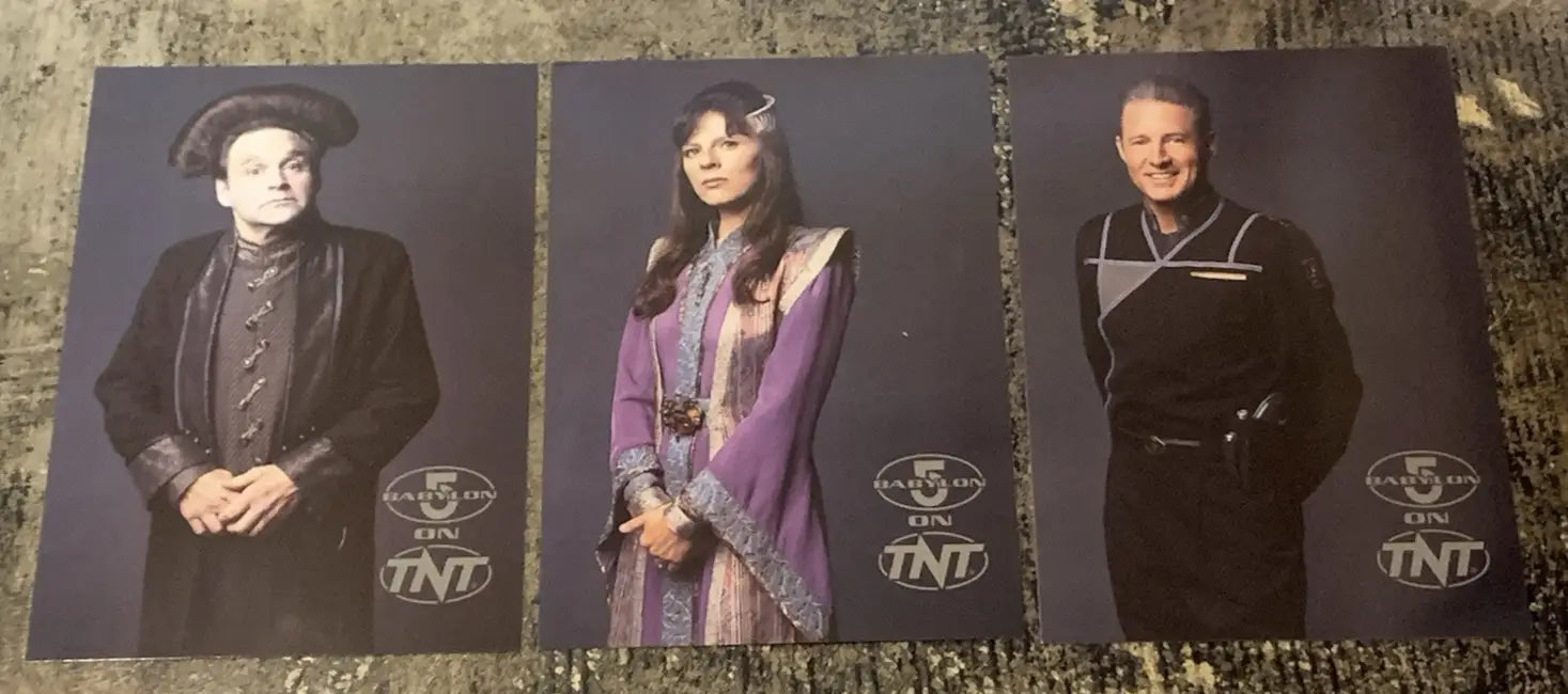 Turner Babylon 5 promo glossy postcard set featuring character cards of Cotto, Sheridan, and Delenn