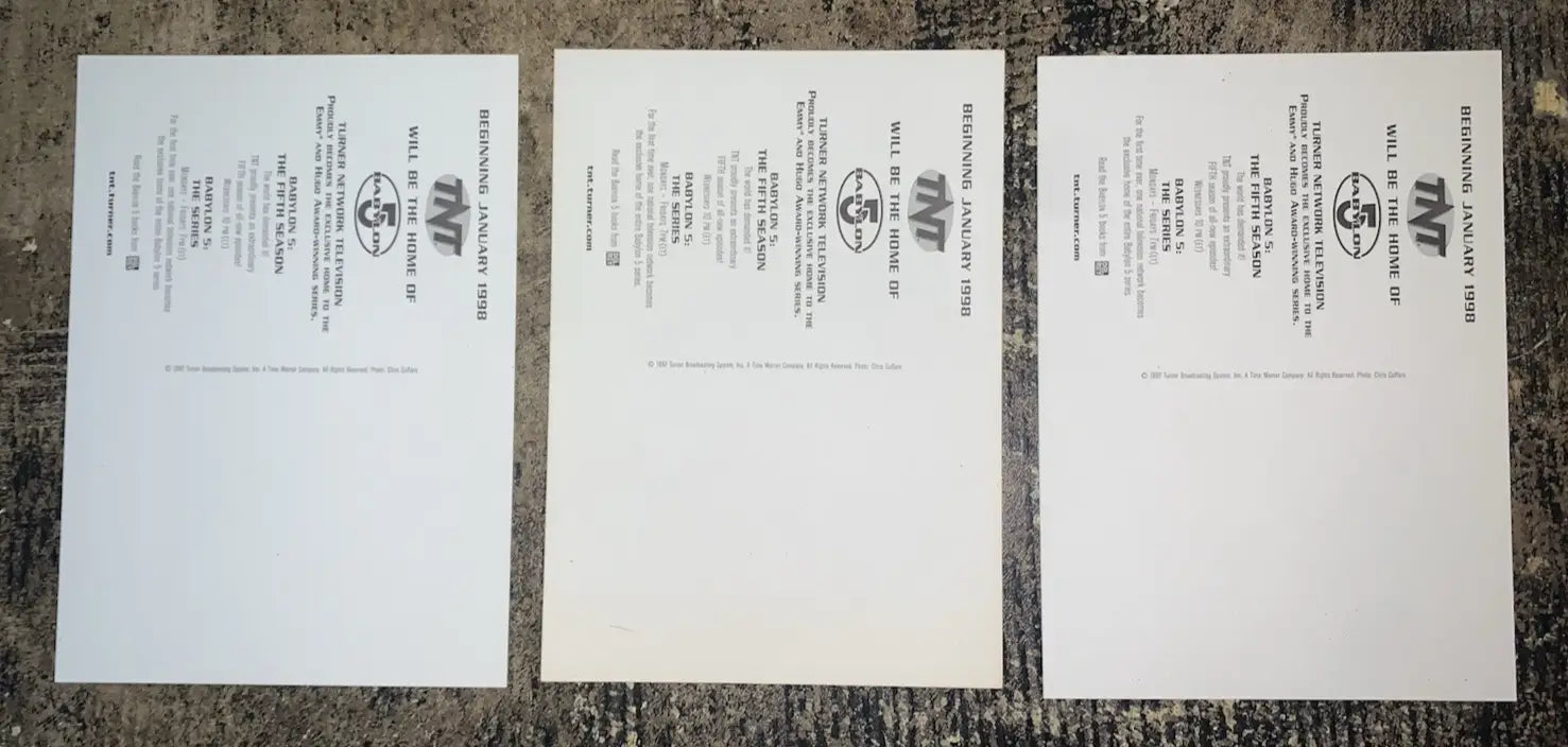 Three white sheets of paper from the Turner Babylon 5 promo glossy postcard set