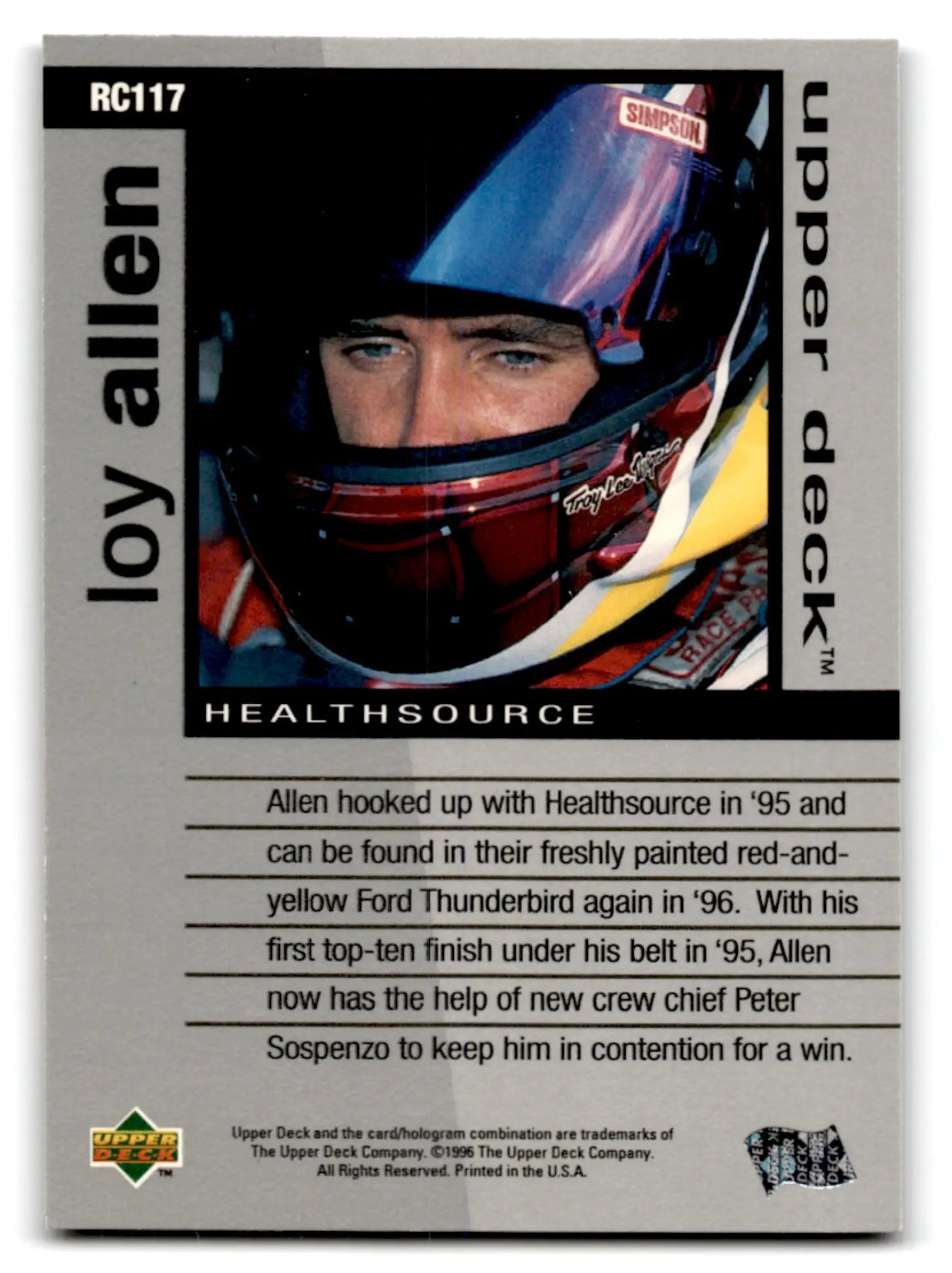 Collectible 1997 Upper Deck Racing Loy Allen trading card with racing helmet photo