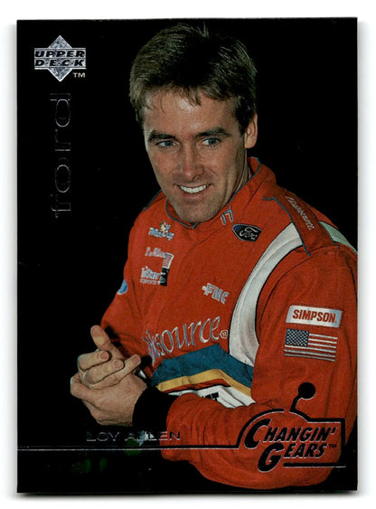 Vintage Upper Deck Racing Loy Allen trading card featuring smiling driver in red suit
