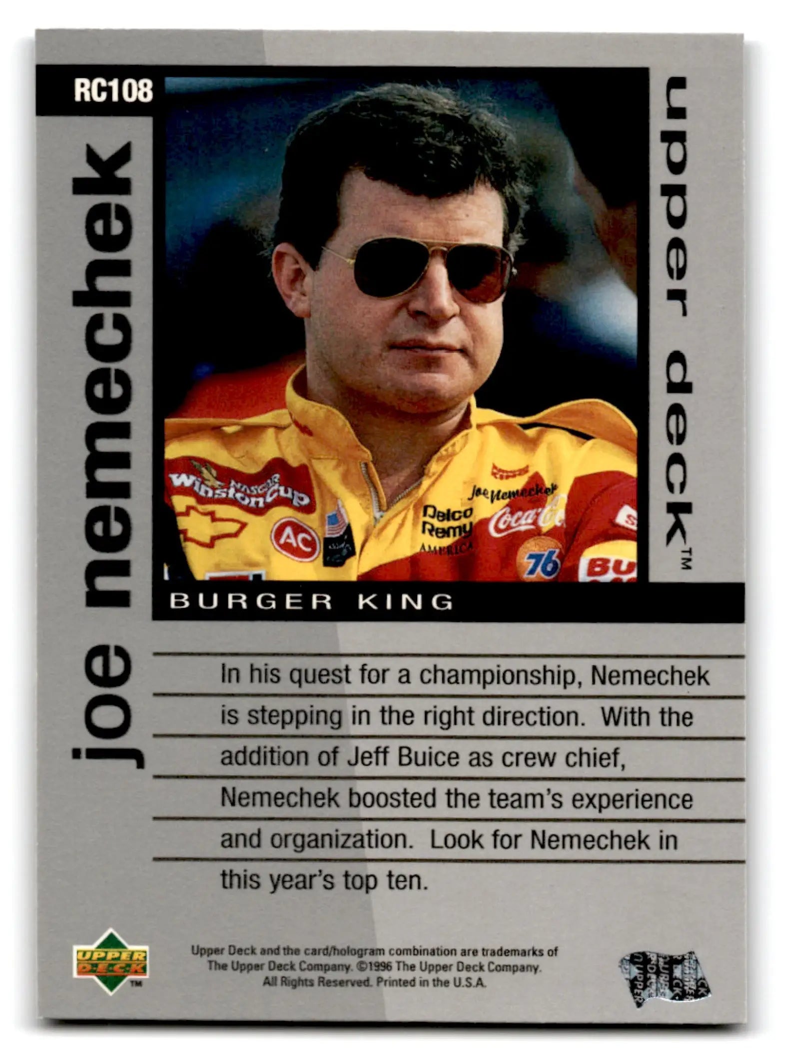 1997 Upper Deck Racing Road to the Cup Joe Nemechek #RC108 - Trading Card
