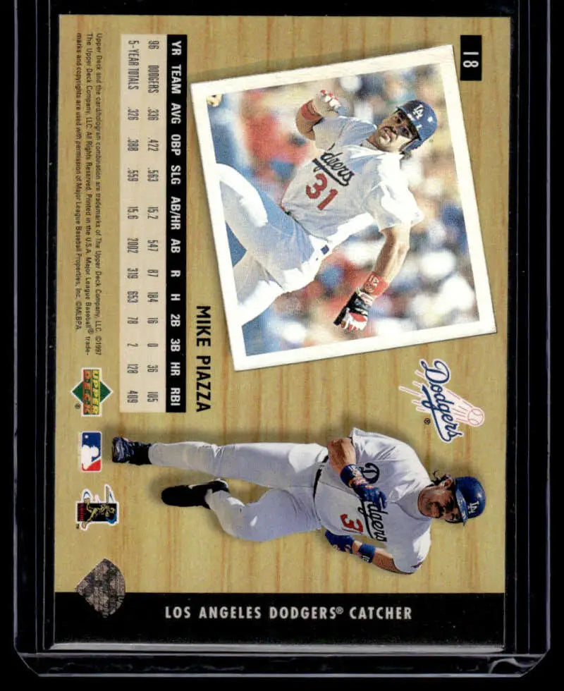 Baseball trading card of Mike Piazza in action for the Los Angeles Dodgers