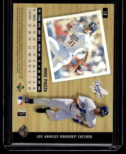 Baseball trading card of Mike Piazza in action for the Los Angeles Dodgers