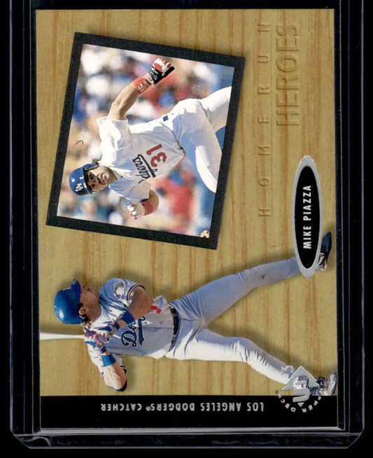 Baseball trading card of Mike Piazza in gray road uniform for Los Angeles Dodgers