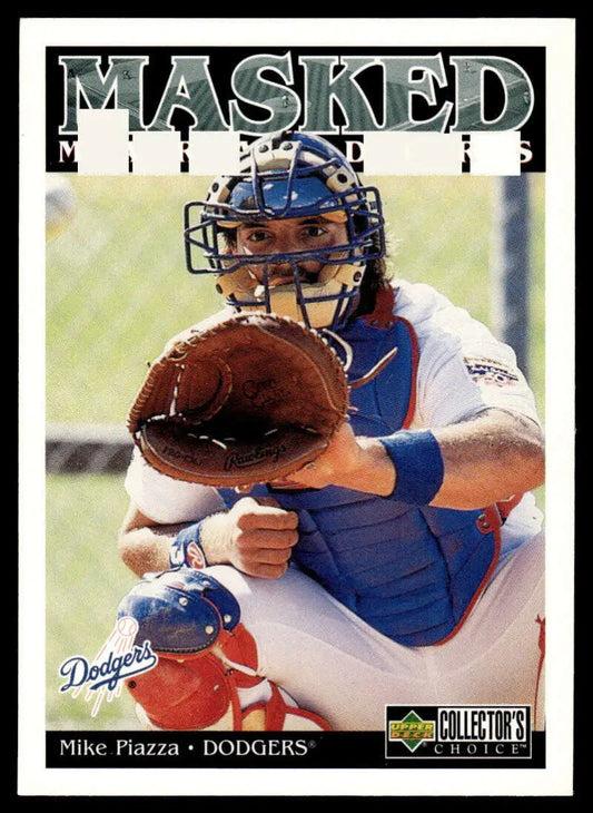 Baseball catcher in Dodgers gear with mitt, featured on Mike Piazza baseball card