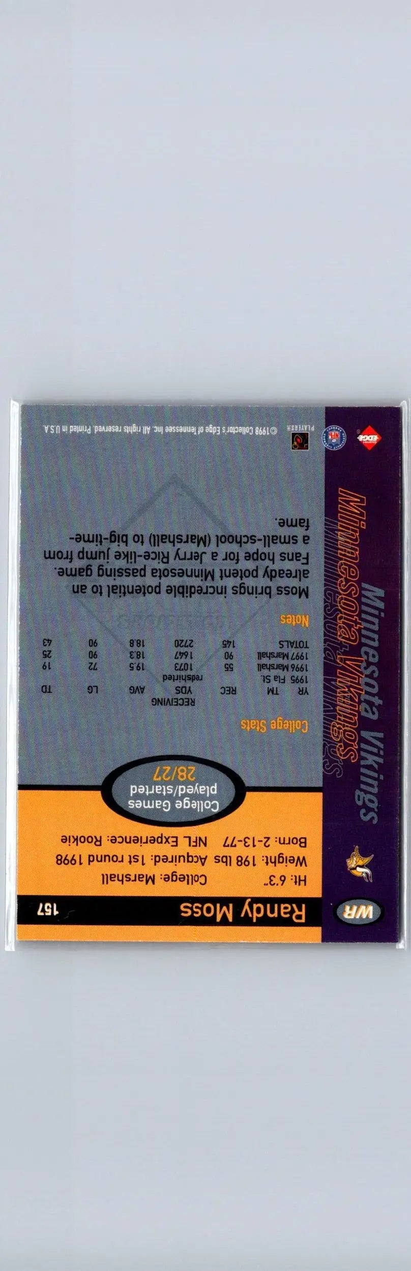 Back of 1998 Collector’s Edge Randy Moss Record Setters football card showing player details