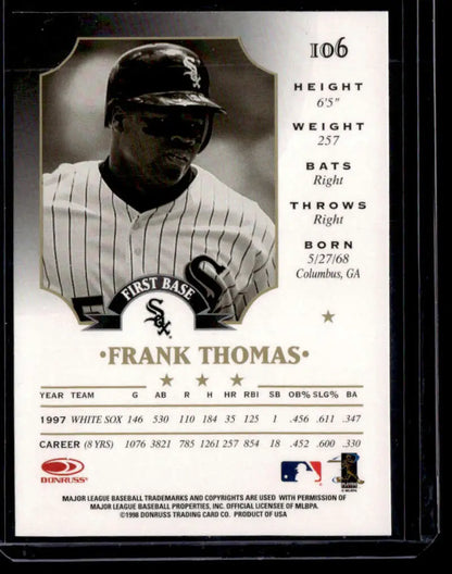 Baseball card of Frank Thomas in pinstripe uniform from 1998 Leaf NM-MT condition
