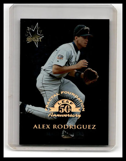 Baseball card of Alex Rodriguez in fielding position for 1998 Leaf Fractal Foundations