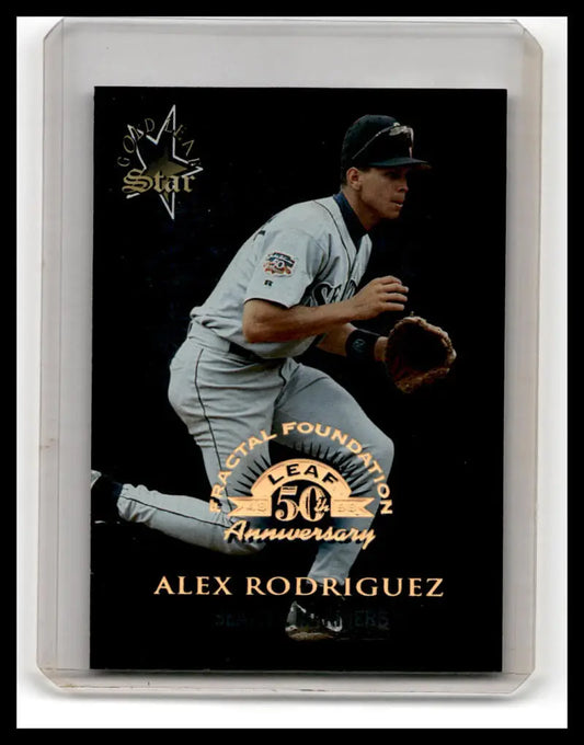 Baseball card of Alex Rodriguez in fielding position for 1998 Leaf Fractal Foundations