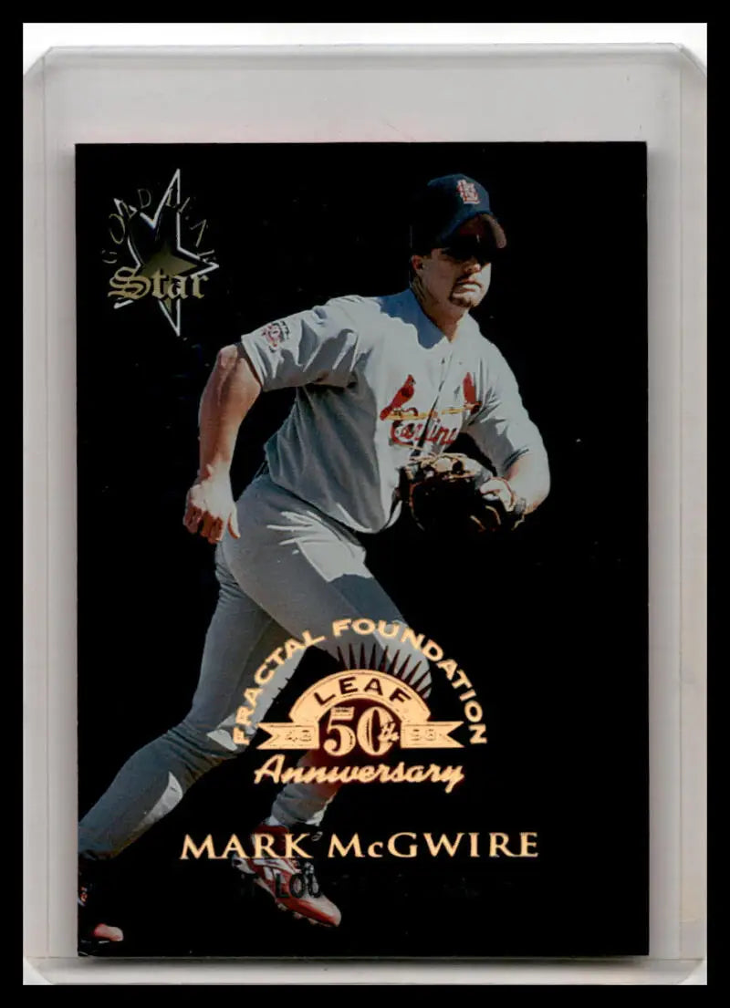 Baseball trading card of Mark McGwire in gray uniform, 1998 Leaf Fractal Foundations