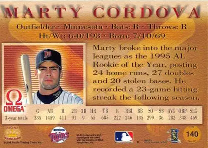 Marty Cordova baseball card 1998 Pacific Omega original gloss NM-MT Twins ID:58831