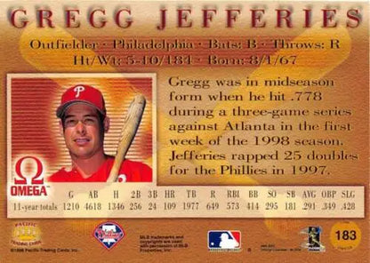 Baseball card back of 1998 Pacific Omega #183 Gregg Jefferies with original gloss finish