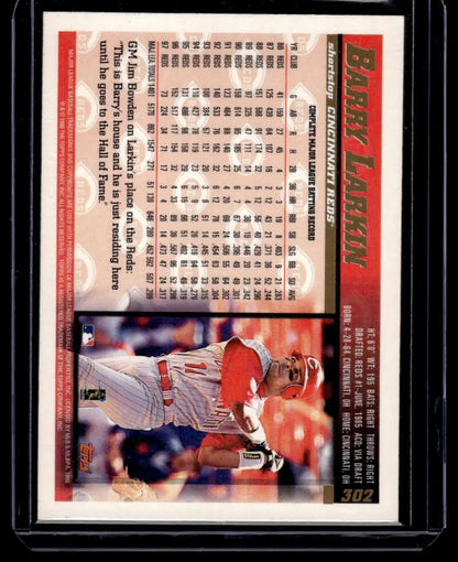Baseball card of Barry Larkin from the Cincinnati Reds in red uniform