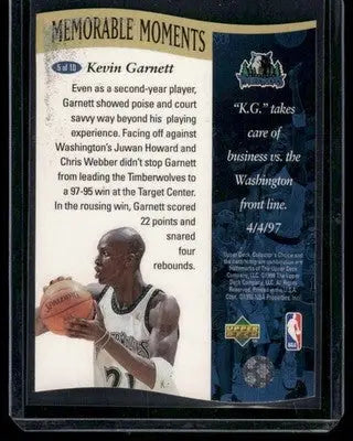1998 Upper Deck Memorable Moments Kevin Garnett #5 of 10 Basketball - Basketball Card