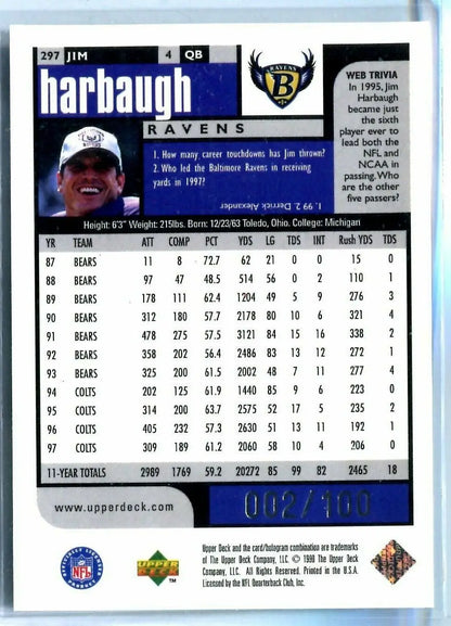 Jim Harbaugh 1998 Upper Deck trading card from Baltimore Ravens limited edition set