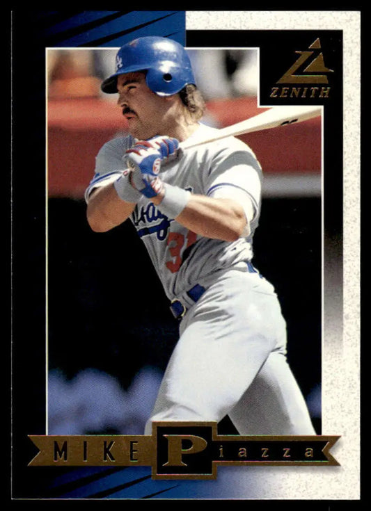 Baseball card featuring Mike Piazza of the Los Angeles Dodgers at bat from Zenith series