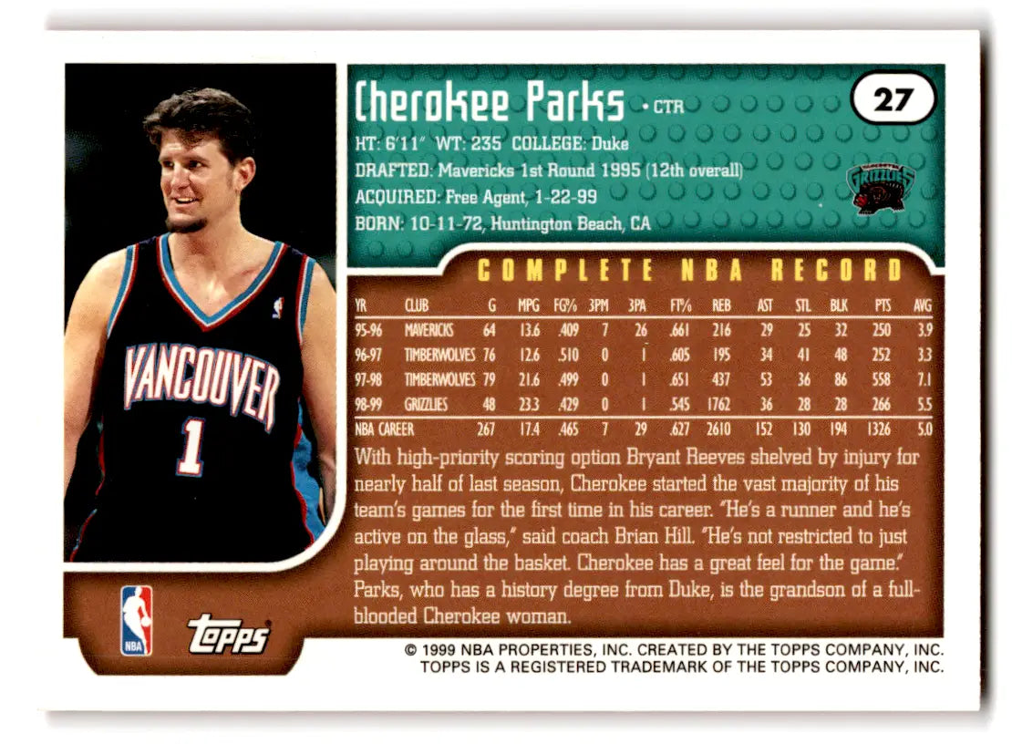 1999-00 Topps Cherokee Parks #27 Vancouver Grizzlies - Trading Card