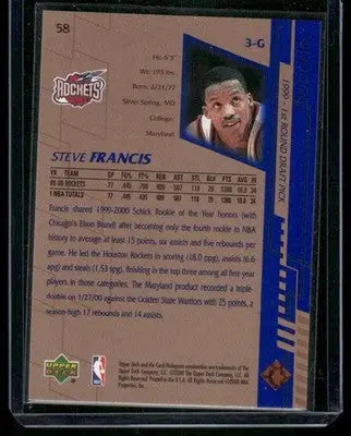 Basketball card of Steve Francis from 1999-00 Upper Deck Steven franchise card