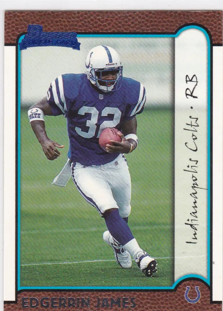 Edgerrin James running with the ball in Indianapolis Colts uniform #32 for James RC Indianapolis
