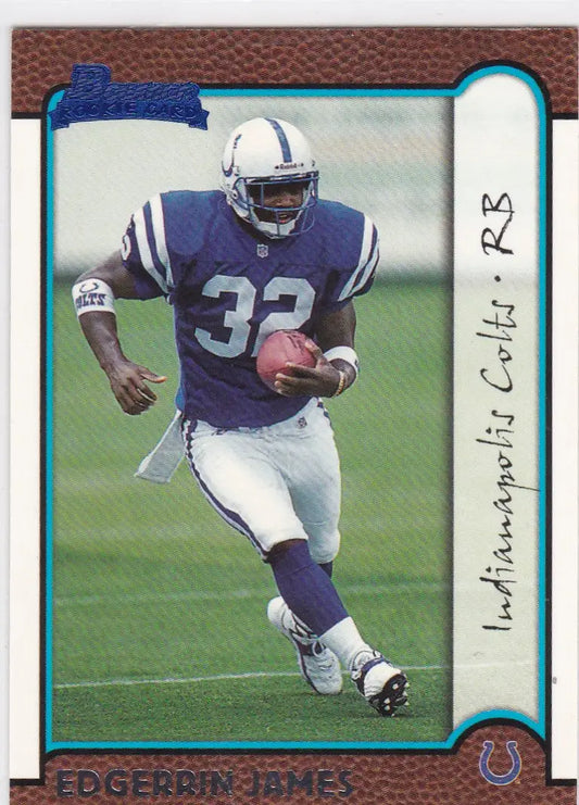 Edgerrin James running with the ball in Indianapolis Colts uniform #32 for James RC Indianapolis